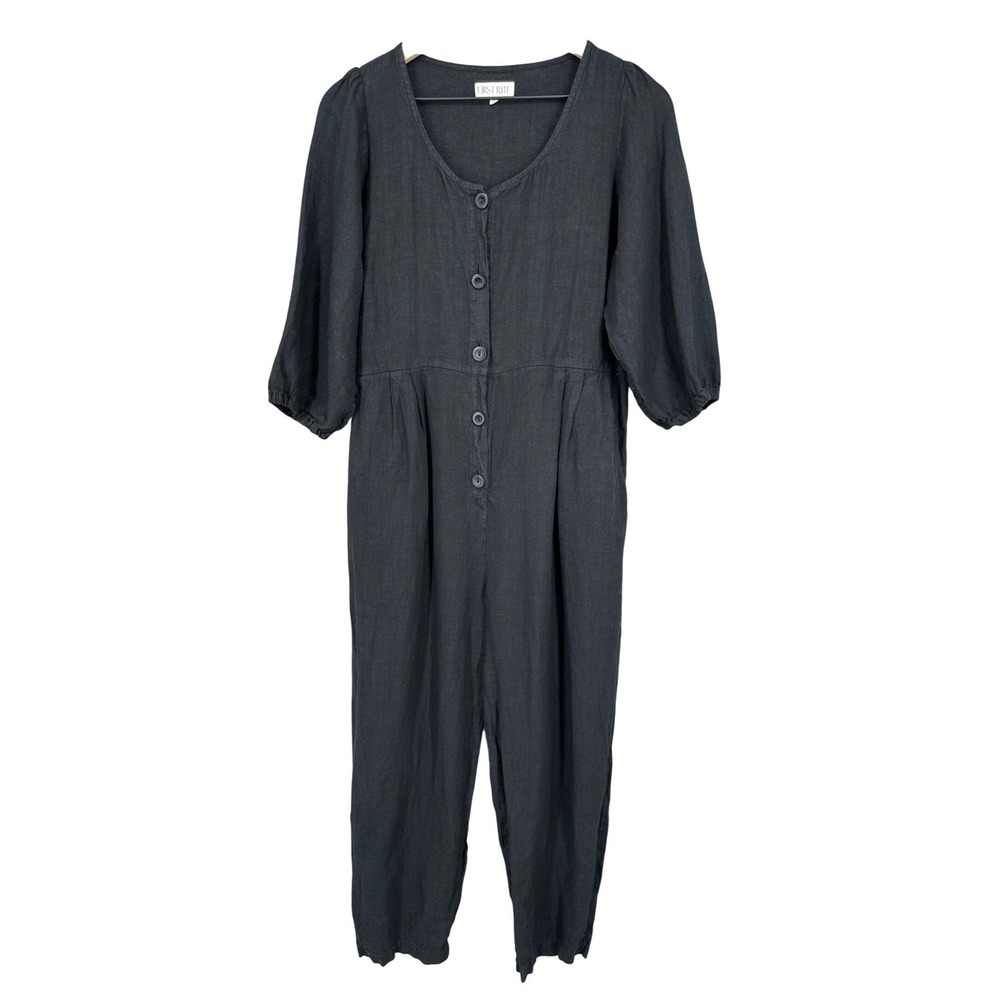 First Rite Jumpsuit Women Small Black Quinn Linen Button Front Puff Sleeve